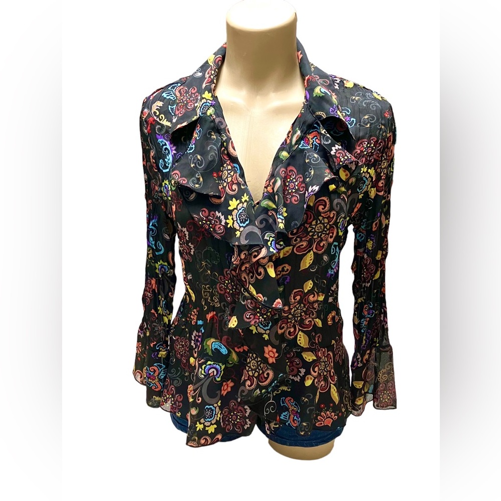 MICHELE MICHELLE Top Size Small Ruffle Front Semi-Sheer Blouse L/Sleeve
